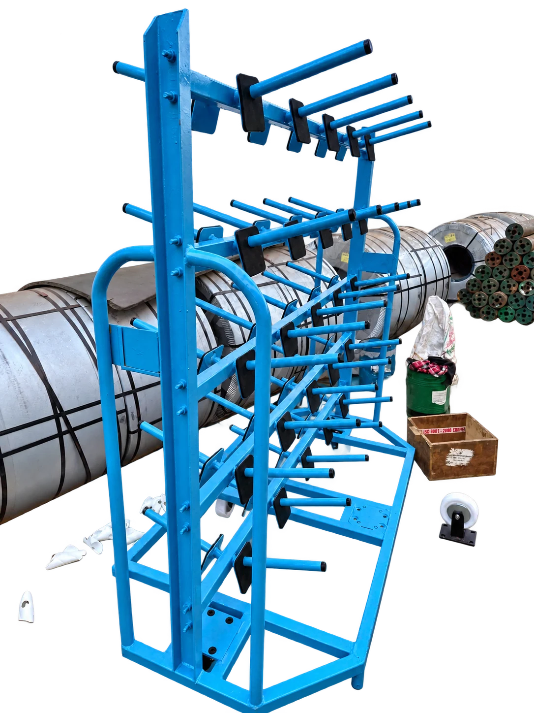 Bobbin trolley, assembled and wheeled
