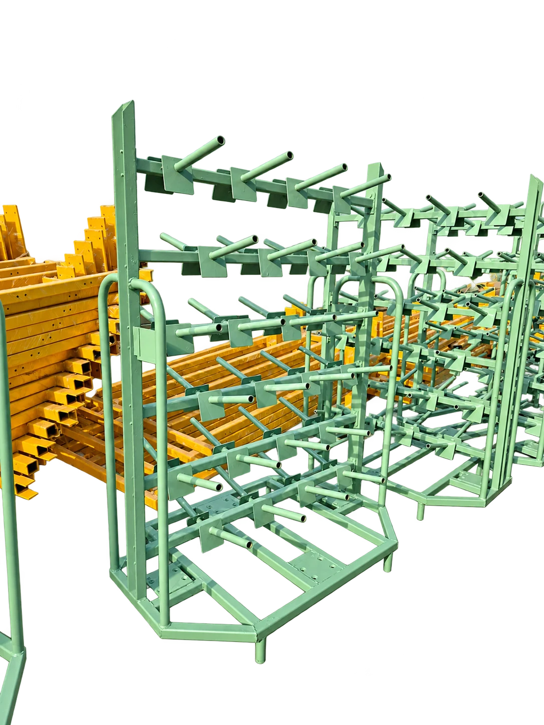 A batch of yarn trolleys after coating