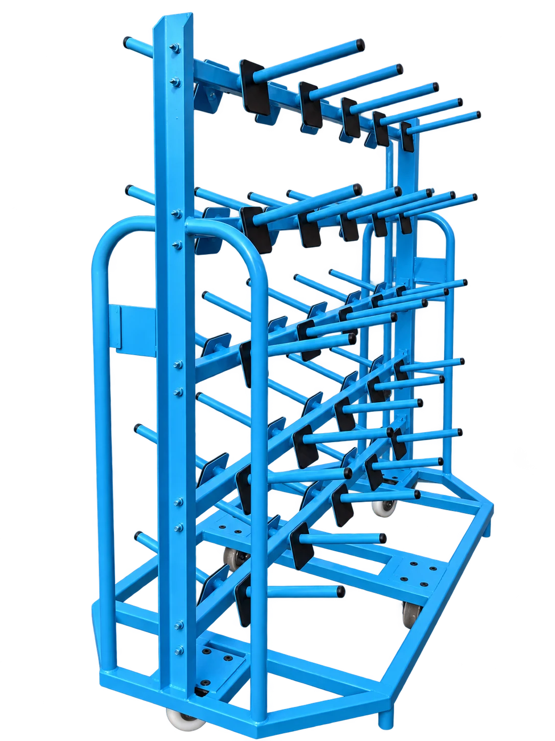 Colour-coded trolleys stacked in the yard